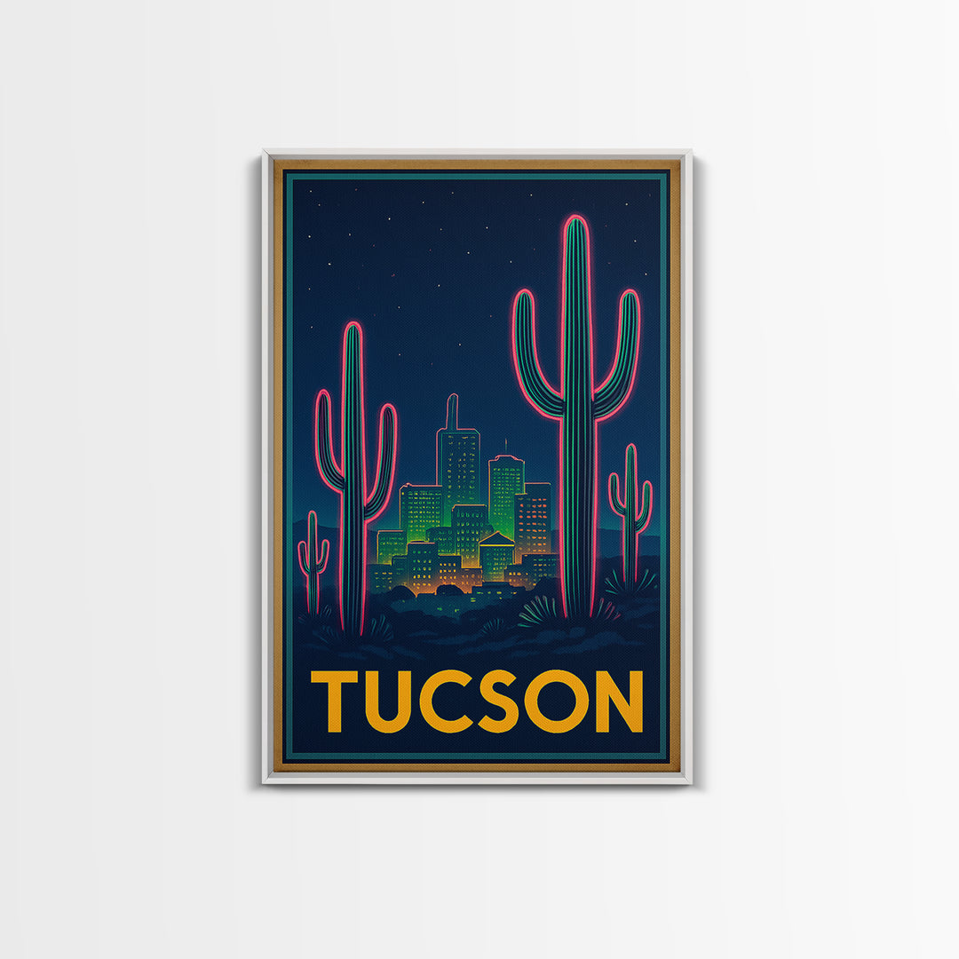 Tucson Arizona Travel Poster, Canvas Print, Retro Neon Travel Art, Tucson City Art, Travel Poster Set, Watercolor Skyline Art, Art Print