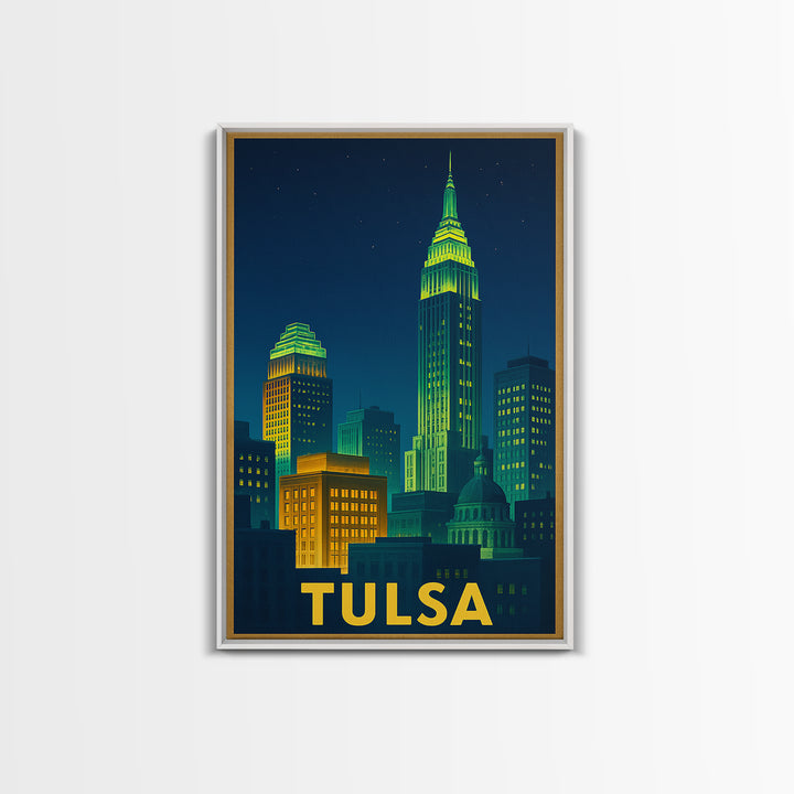 Tulsa Oklahoma Travel Poster, Canvas Print, Electric Night Poster Art, Tulsa Wall Art, City Travel Prints, Watercolor Cityscape, Poster Art