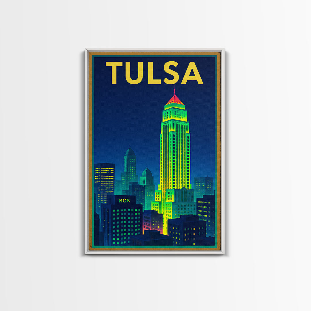 Tulsa Travel Poster, Canvas Print, Retro Neon Travel Art, Tulsa City Art, Vintage City Poster, Living Room Wall Art, Travel Wall Art