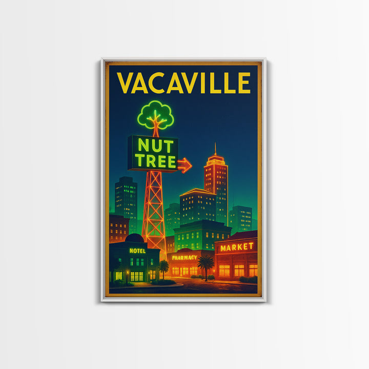 Vacaville Travel Poster, Framed Canvas Print, Electric Night Poster Art, Vacaville Travel Art, Travel Wall Art, Watercolor Skyline Art