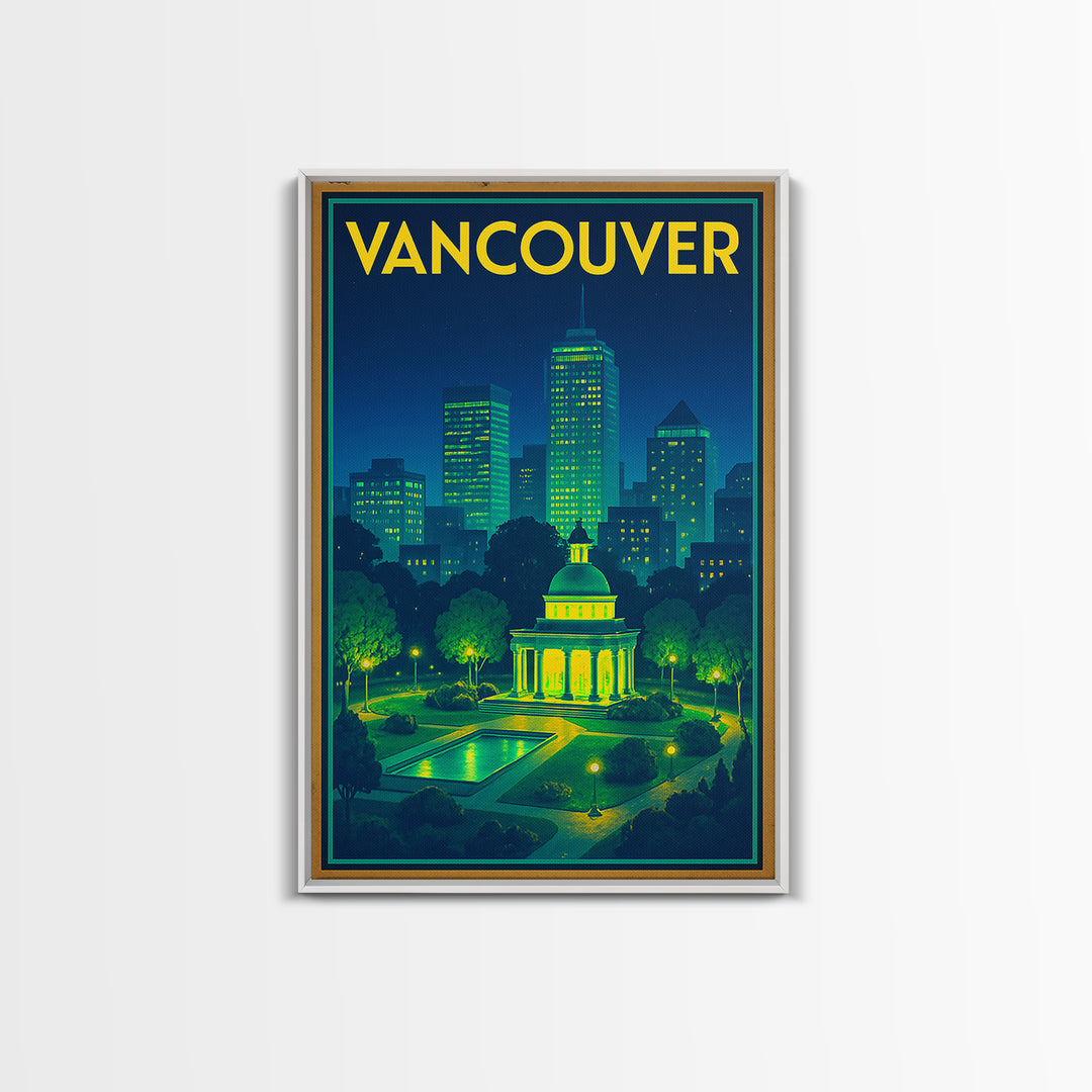 Vancouver Travel Poster, Framed Canvas Print, Retro Neon Travel Art, Vancouver Wall Art, Mid Century Wall Art, Retro Travel Print