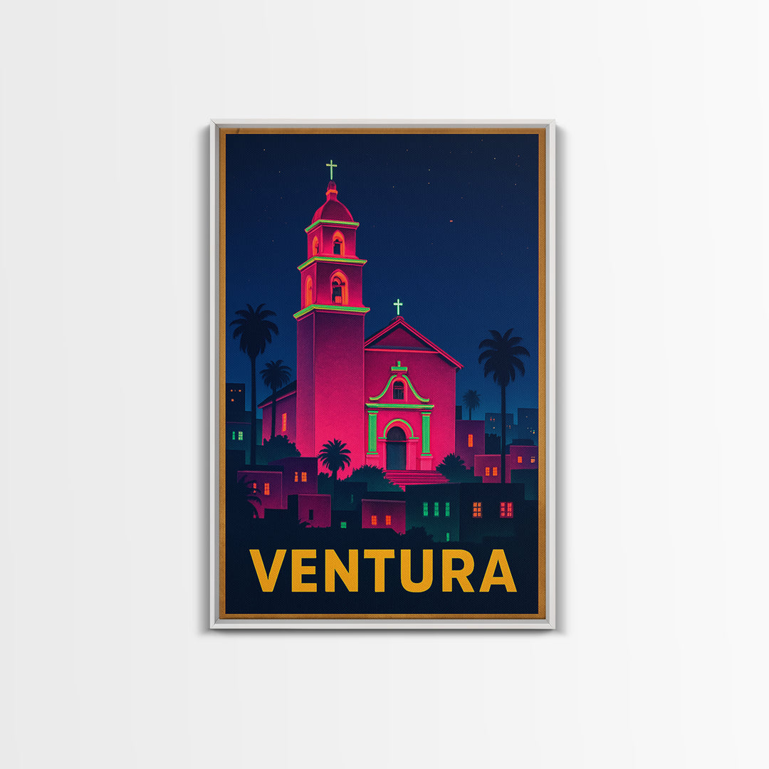 Ventura California Travel Poster, Canvas Print, Neon Skyline Art Wall Art, Ventura Art Print, Wall Decor, City Illustration, Home Decor