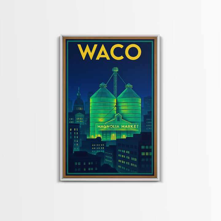 Waco Travel Poster, Framed Canvas Print, Electric Night Poster Art, Waco Travel Art, Watercolor Cityscape, Travel Wall Art, Poster Print