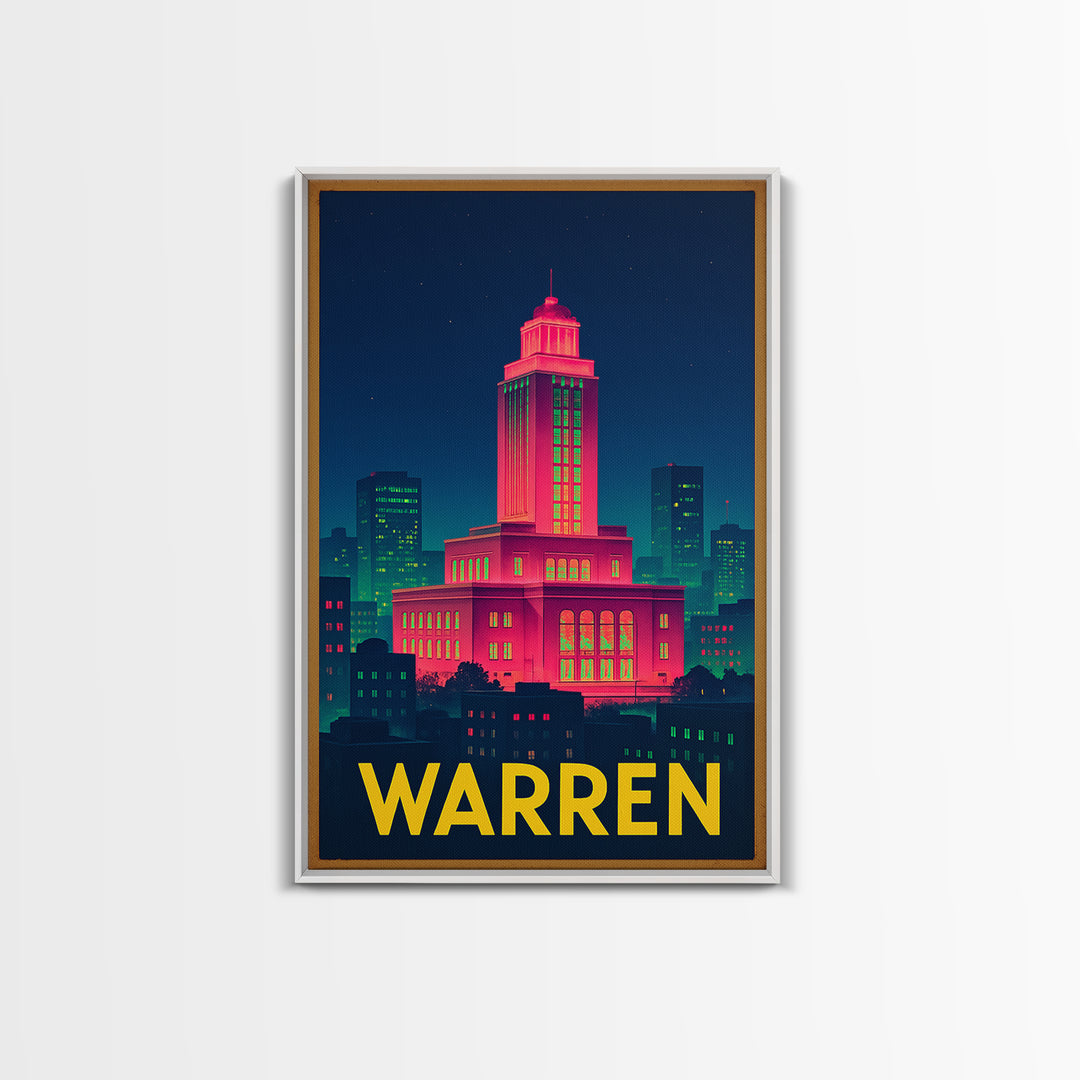 Warren Michigan Travel Poster, Canvas Print, Retro Neon Travel Art, Warren Wall Art, Home Office Decor, Modern Wall Decor, City Illustration