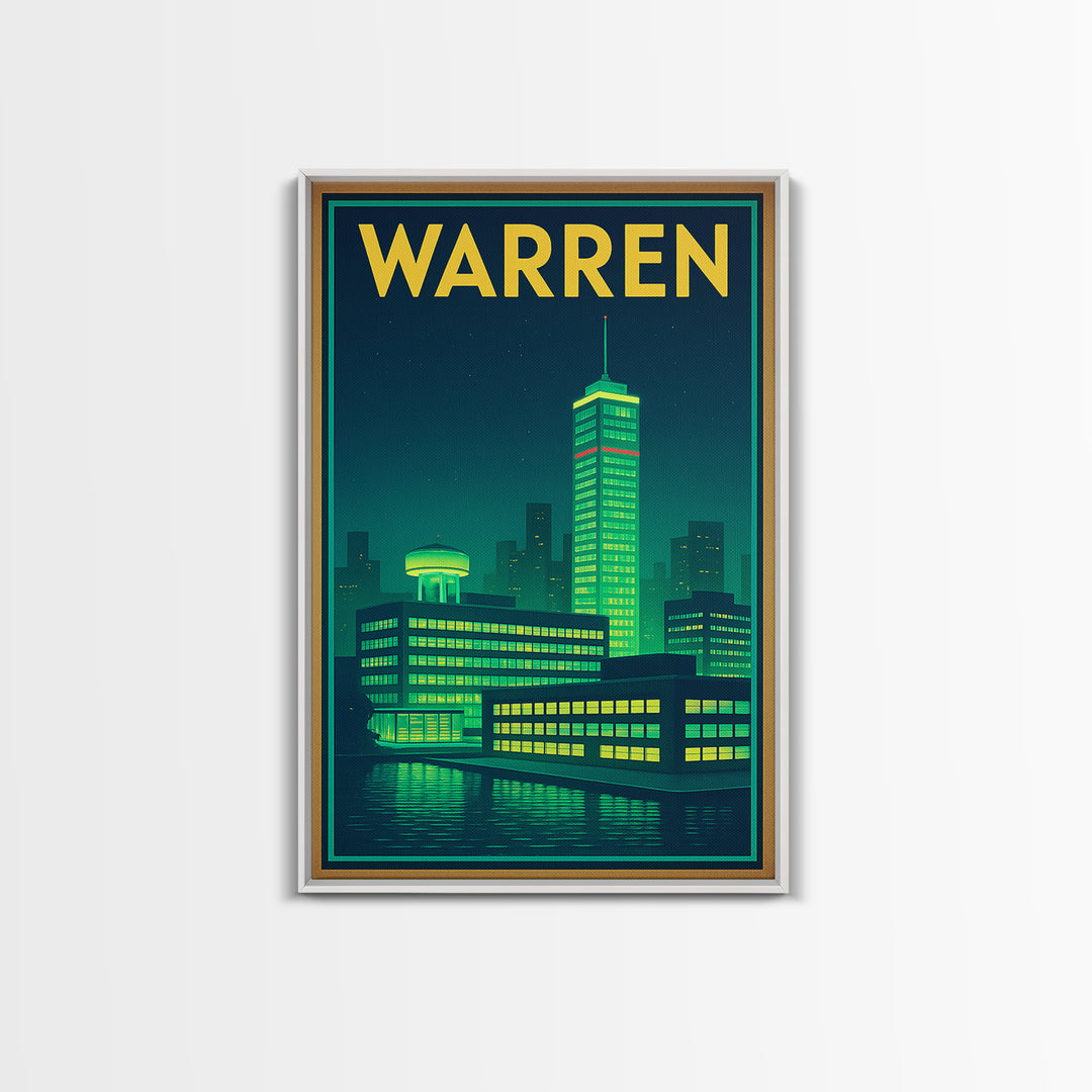Warren Travel Poster, Canvas Print, Neon Urban Skyline Wall Art, Warren Wall Art, Wall Decor, Mid Century Wall Art, Wanderlust Decor