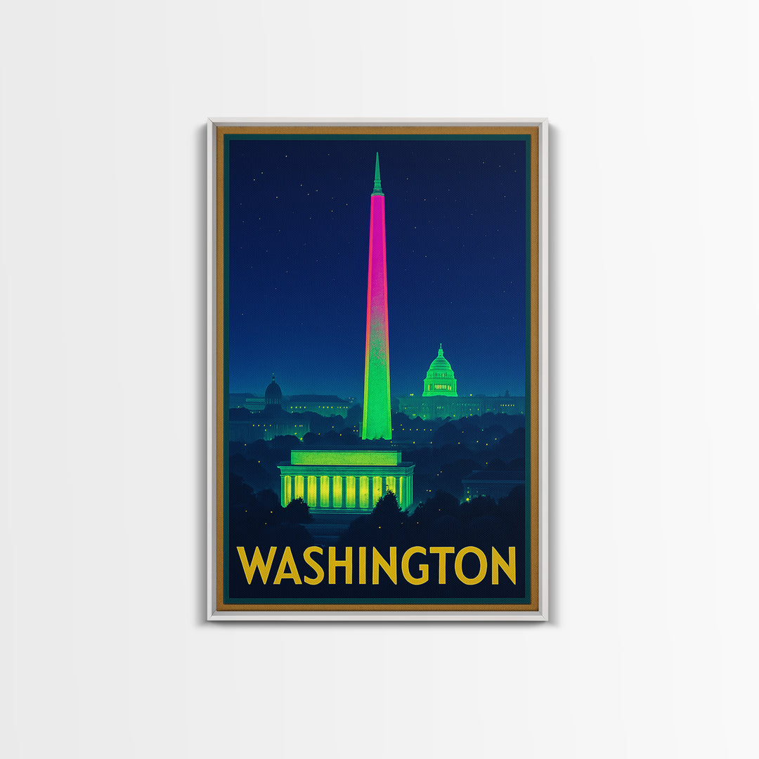 Washington Travel Poster, Framed Canvas Print, Electric Night Poster Art, Washington Travel Art, Vintage Travel Print, Gift For Travelers