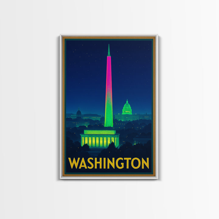 Washington Travel Poster, Framed Canvas Print, Electric Night Poster Art, Washington Travel Art, Vintage Travel Print, Gift For Travelers