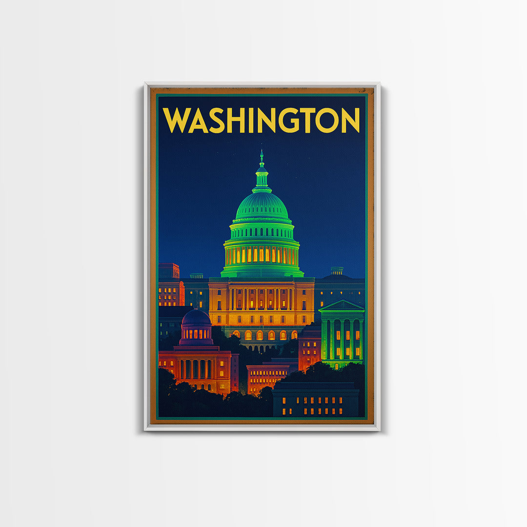 Washington Travel Poster, Canvas Print, Neon Skyline Wall Art, Washington Travel Art, Modern Wall Decor, City Travel Prints, Wall Art
