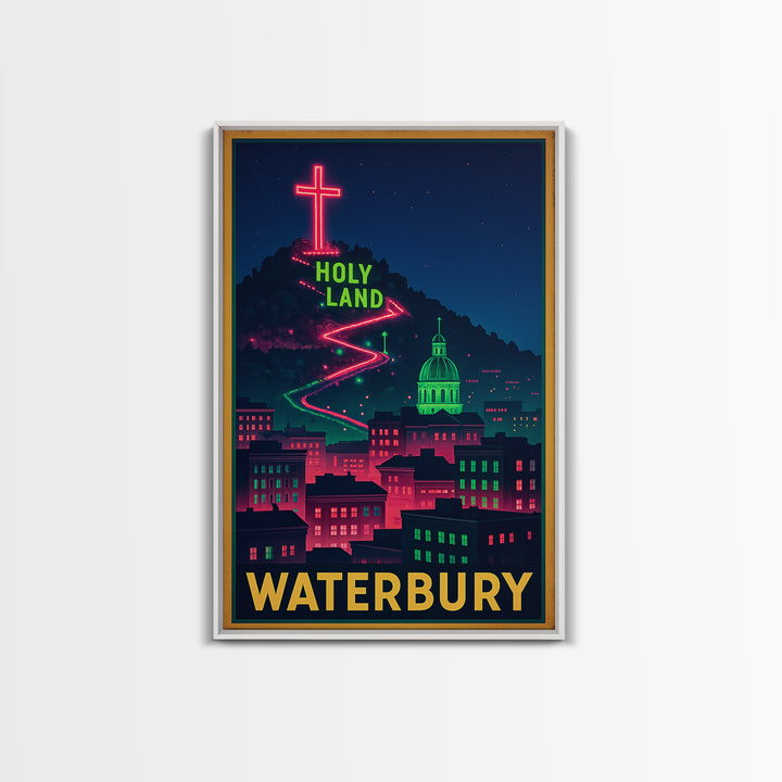 Waterbury Travel Poster, Framed Canvas Print, Neon Skyline Wall Art, Waterbury Art Print, Fine Art Print, Vintage Travel Art