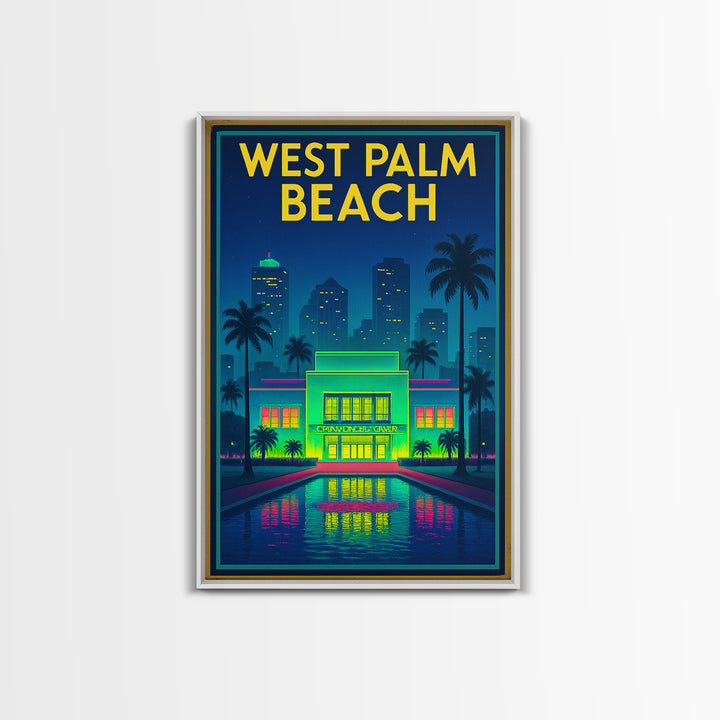 West Palm Beach Travel Poster, Framed Canvas Print, Neon City Skyline Wall Art, West Palm Beach Poster Print, Retro Travel Print, Wall Art