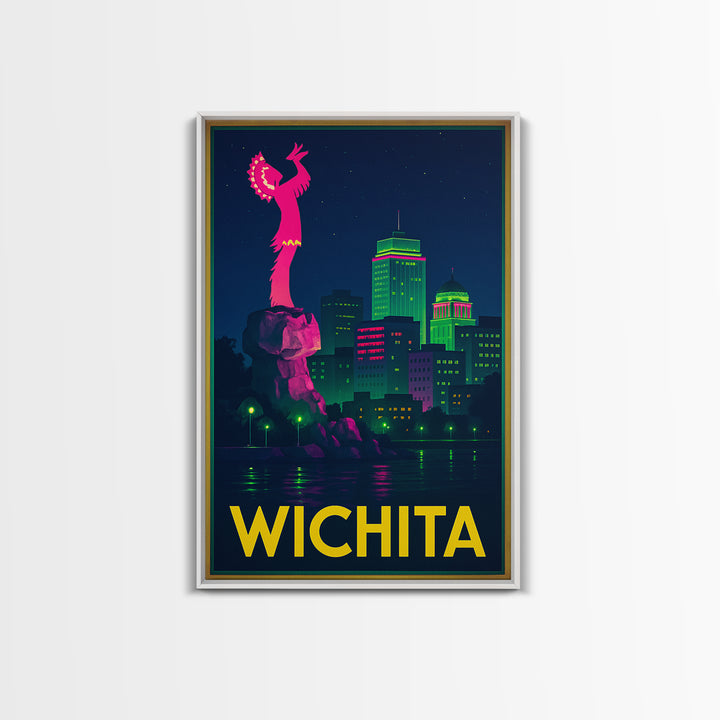Wichita Kansas Travel Poster, Canvas Print, Retro Neon Travel Art, Wichita Print, City Poster, Travel Wall Art, Watercolor Urban Skyline