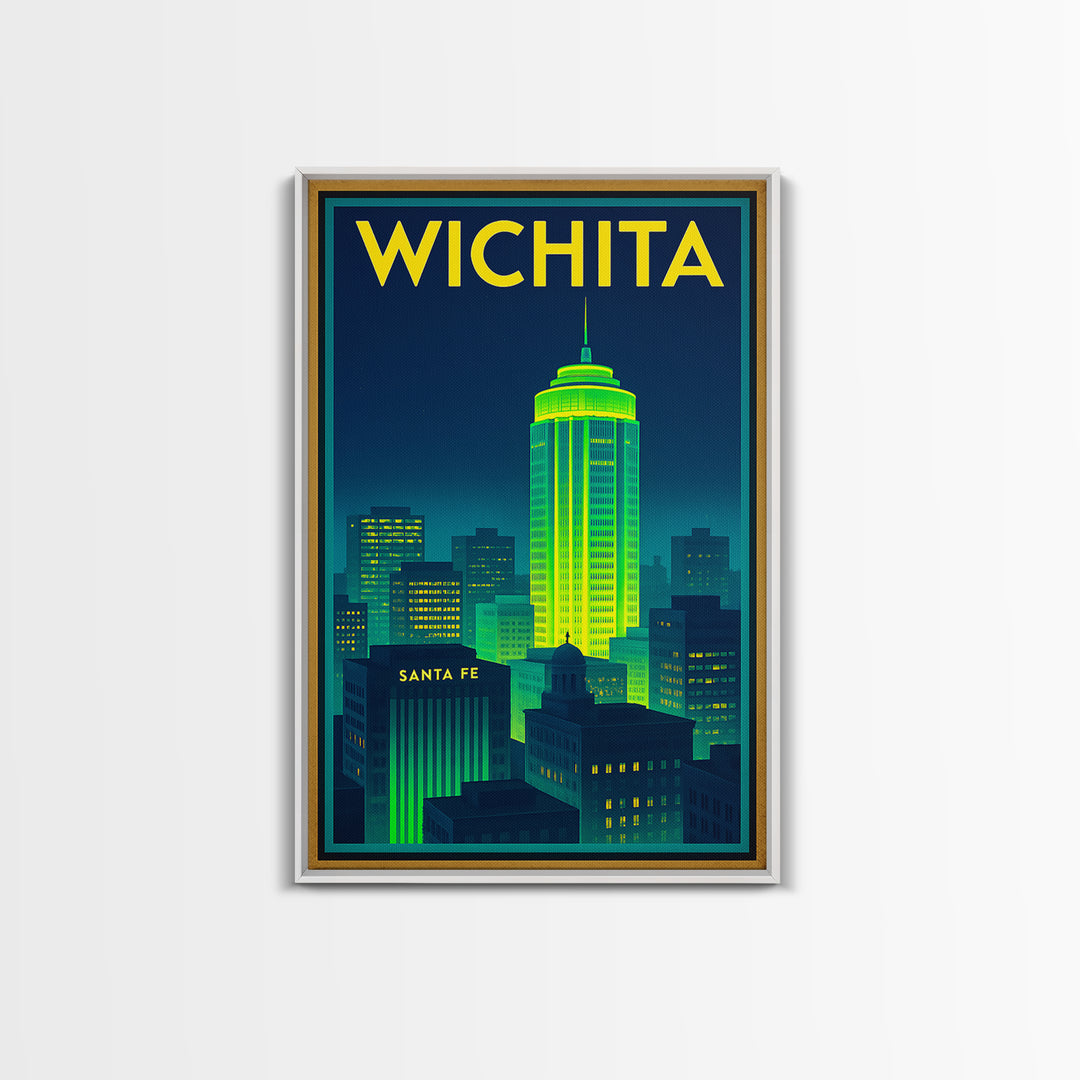 Wichita Travel Poster, Framed Canvas Print, Cyberpunk Style City Art, Wichita Art Print, Living Room Wall Art, City Travel Prints
