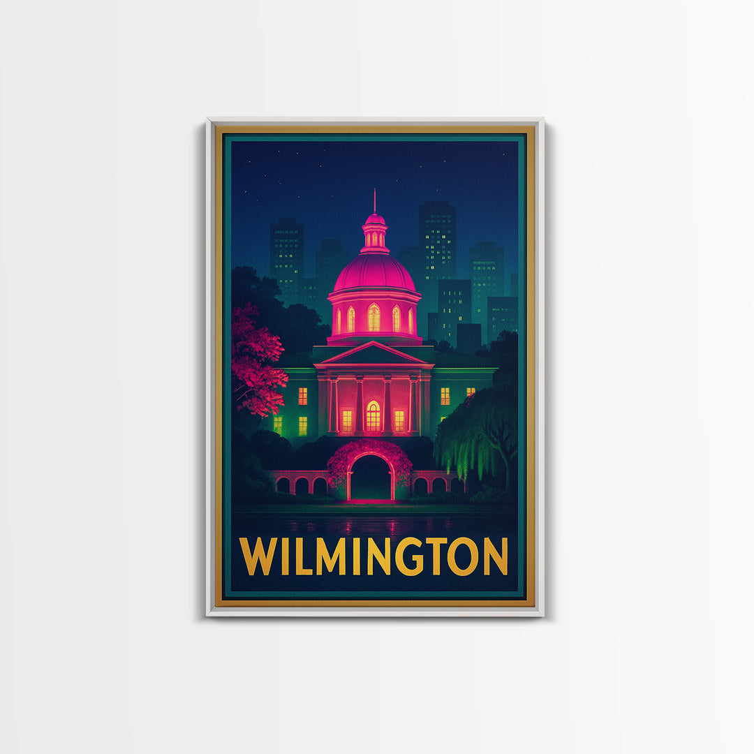 Wilmington North Carolina Travel Poster, Framed Canvas Print, Retro Neon Travel Art, Wilmington Travel Art, City Art Print, Vintage City Art