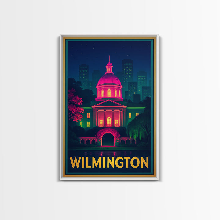 Wilmington North Carolina Travel Poster, Framed Canvas Print, Retro Neon Travel Art, Wilmington Travel Art, City Art Print, Vintage City Art