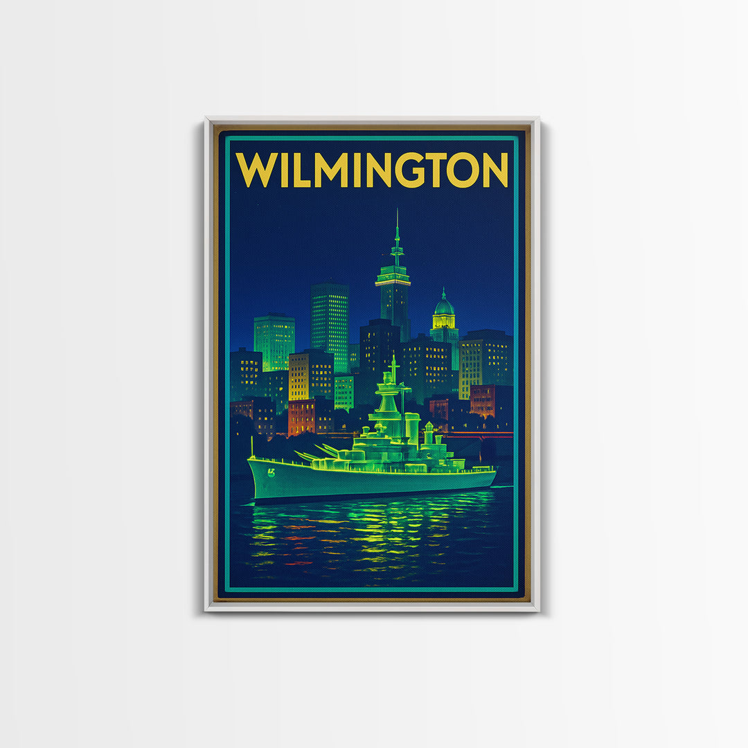 Wilmington Travel Poster, Canvas Print, Neon Skyline Art Wall Art, Wilmington Travel Art, Travel Poster Art, Vintage City Art, Art Print