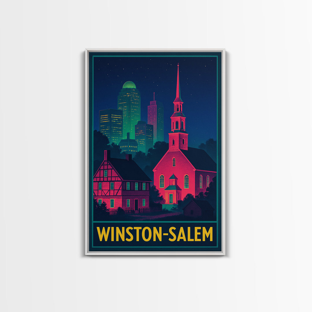 Winston Salem North Carolina Travel Poster, Canvas Print, Retro Neon Travel Art, Winston Salem Art Print, Watercolor Urban Skyline