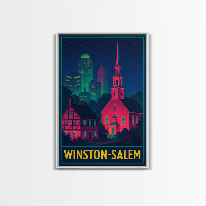 Winston Salem North Carolina Travel Poster, Canvas Print, Retro Neon Travel Art, Winston Salem Art Print, Watercolor Urban Skyline
