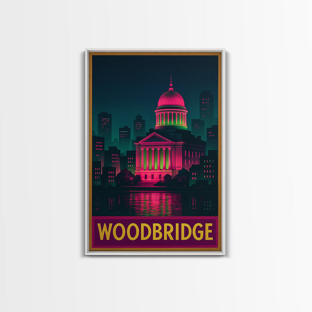Woodbridge Travel Poster, Canvas Print, Retro Neon Travel Art, Woodbridge Art Print, Modern Wall Decor, Travel Poster Art, Travel Wall Art