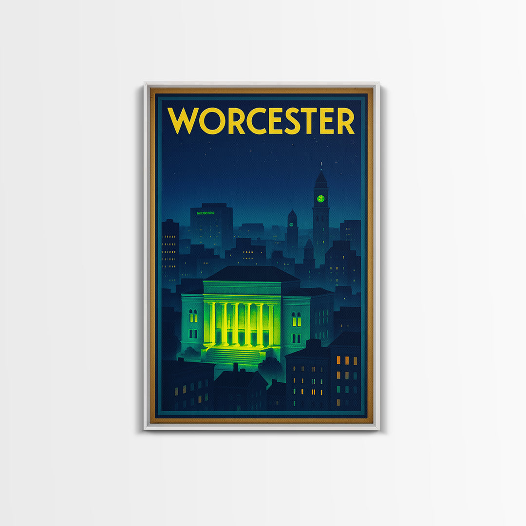 Worcester Travel Poster, Framed Canvas Print, Neon Skyline Art Wall Art, Worcester Travel Art, Vintage Travel Print, Vintage City Poster