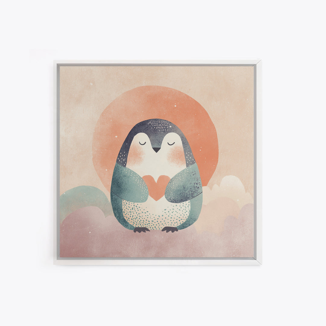 Penguin Holding a Little Heart Shape Canvas Print, Nursery Art, Watercolor Print, Nursery Decor, Abstract Art, Nursery, NUR-1x1-10