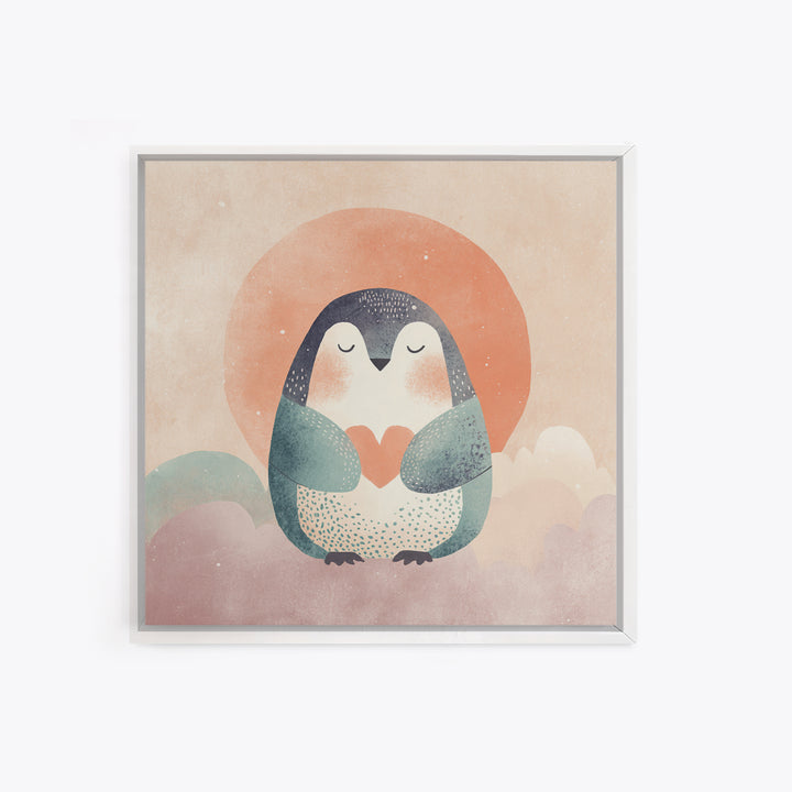 Penguin Holding a Little Heart Shape Canvas Print, Nursery Art, Watercolor Print, Nursery Decor, Abstract Art, Nursery, NUR-1x1-10