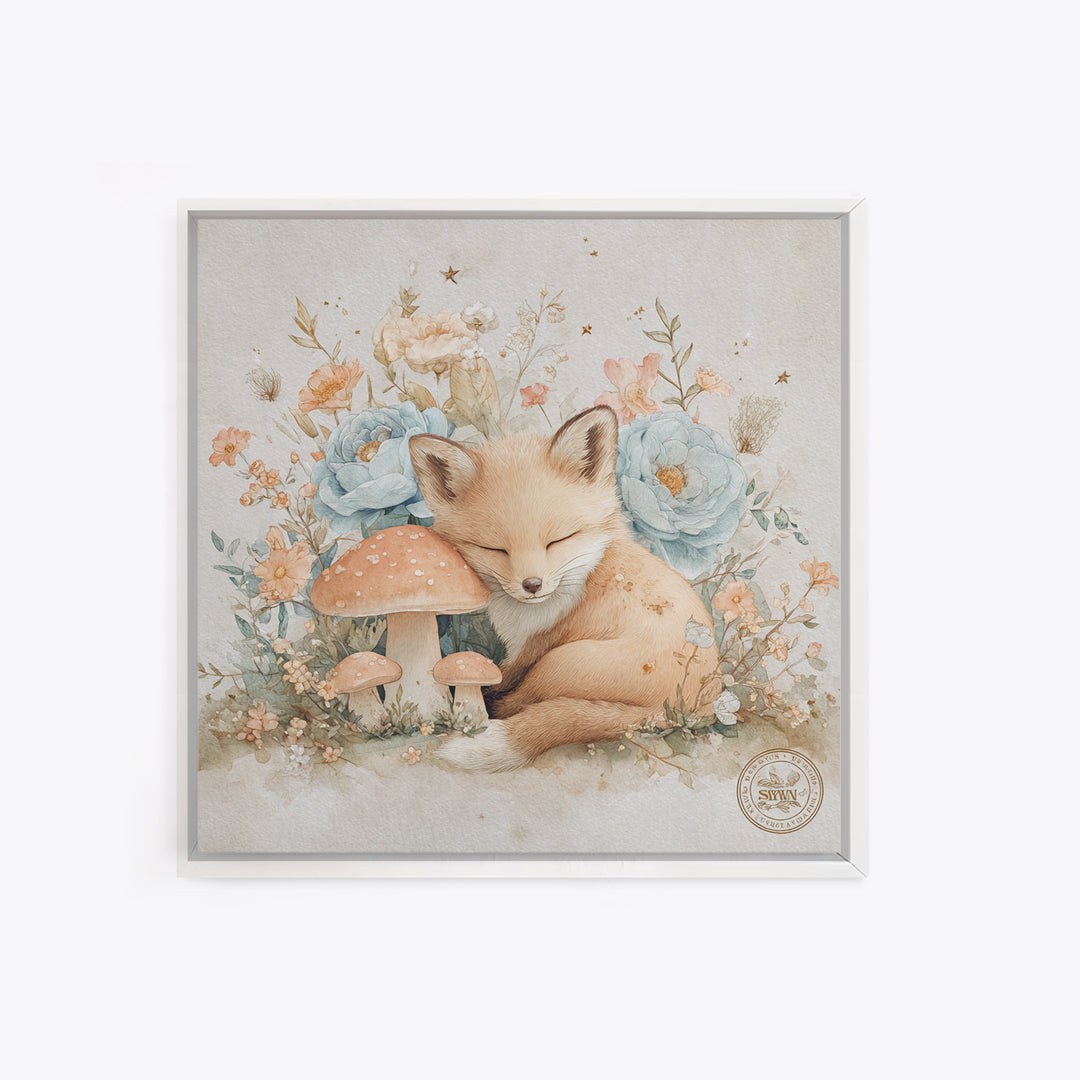 Woodland Fox Tucked Framed Canvas Print, Nursery Art, Whimsical Wall Art, Nursery Decor, Watercolor Art, Nursery, NUR-1x1-100