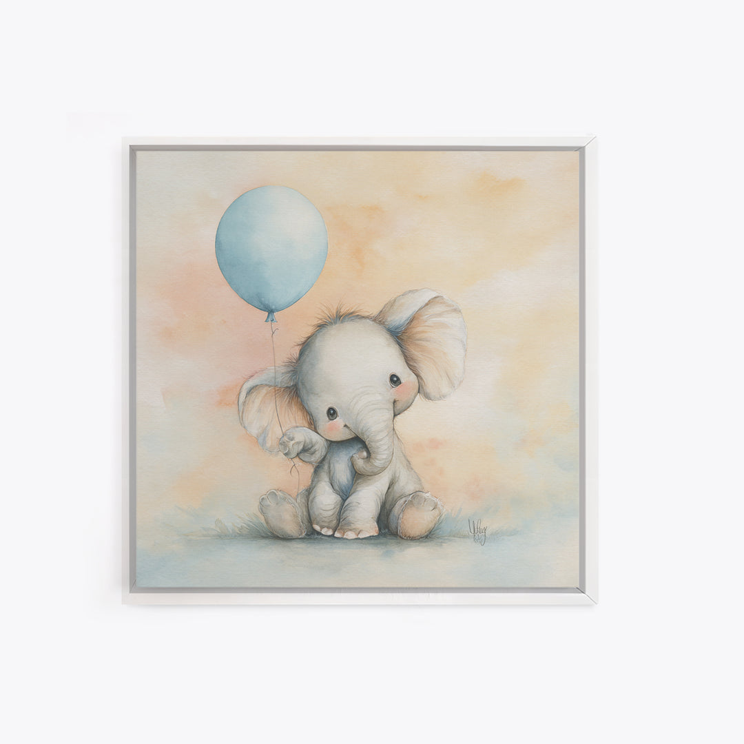 Sleepy Baby Elephant Holding a Tiny Balloon Canvas Print, Nursery Art, Neutral Decor, Nursery Decor, Fine Art, Nursery, NUR-1x1-25