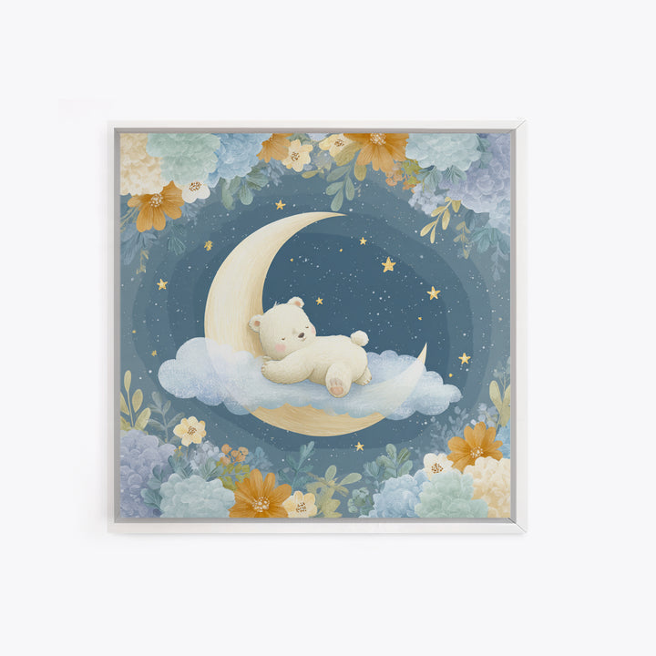 Baby Bear Floating on a Crescent Moon Canvas Print, Nursery Art, Kids Wall Decor, Nursery Decor, Oil Painting, Nursery, NUR-1x1-30