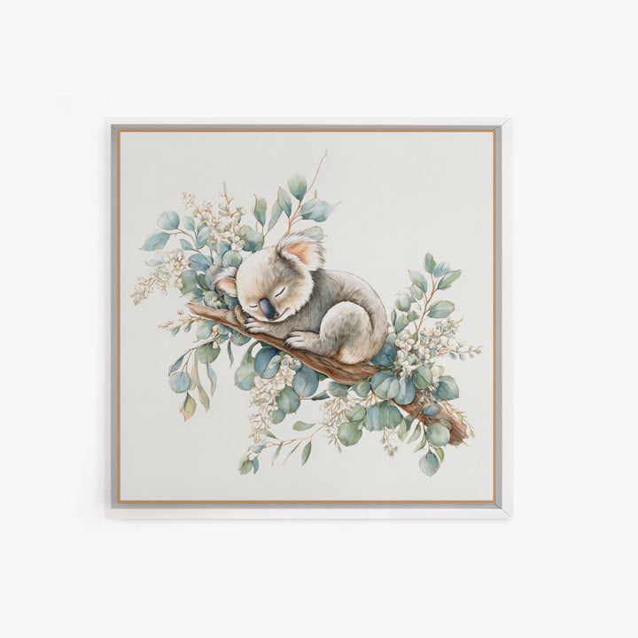 Sleeping Koala on Eucalyptus Branch Framed Canvas Print, Nursery Art, Whimsical Wall Art, Nursery Decor, Fine Art, Nursery, NUR-1x1-37