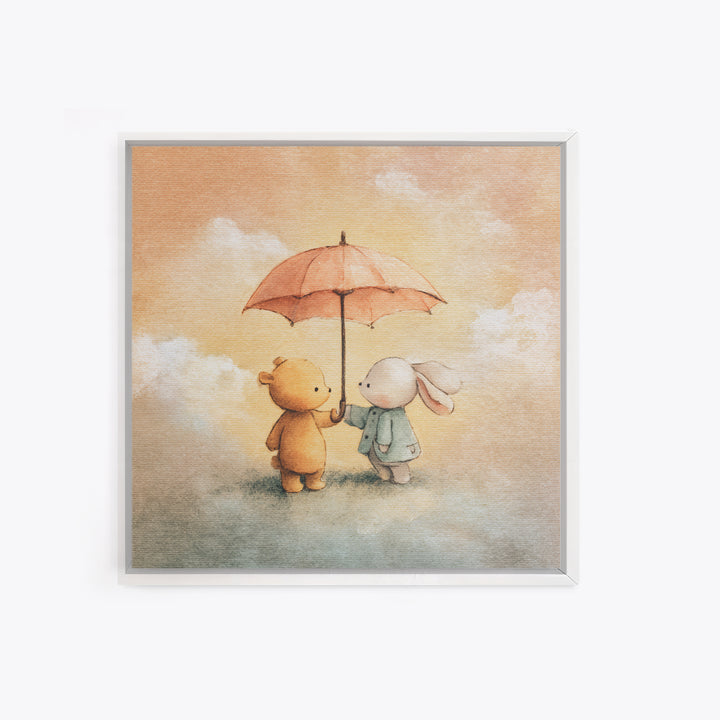 Bear and Rabbit Sharing Umbrella Framed Canvas Print, Nursery Art, Home Decor, Nursery Decor, Fine Art, Nursery, NUR-1x1-41