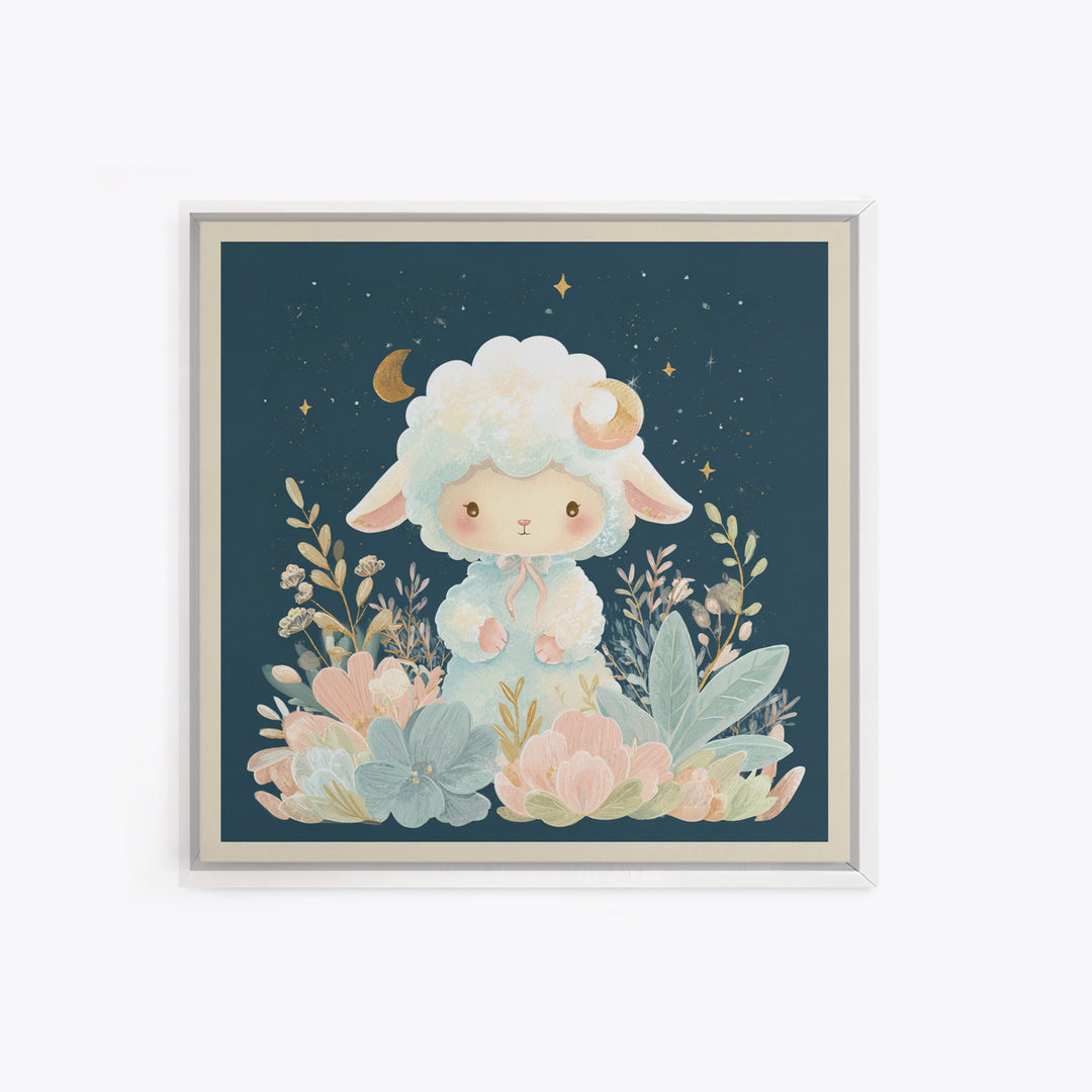 Little Lamb under a Starry Sky Framed Canvas Print, Nursery Art, Woodland Nursery, Nursery Decor, Oil Painting, Nursery, NUR-1x1-43
