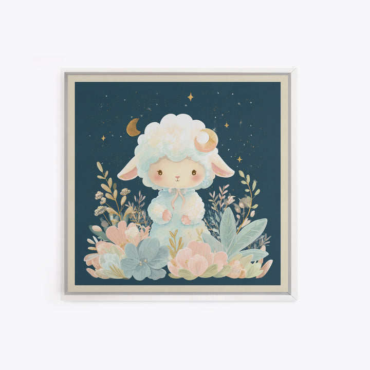 Little Lamb under a Starry Sky Framed Canvas Print, Nursery Art, Woodland Nursery, Nursery Decor, Oil Painting, Nursery, NUR-1x1-43