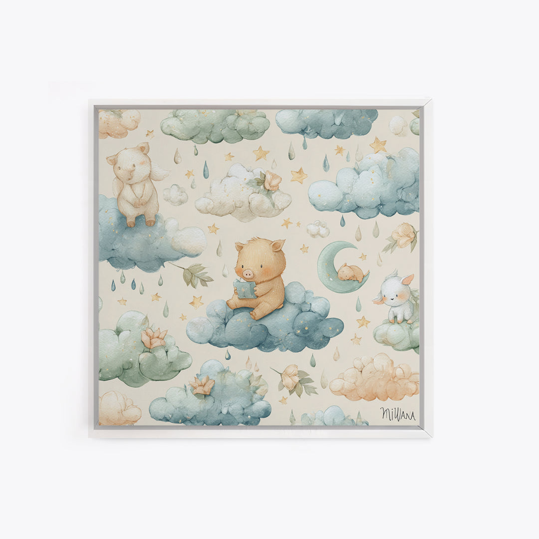 Clouds and Raindrops Framed Canvas Print, Nursery Art, Playroom Wall Art, Nursery Decor, Fine Art, Nursery, Statement Artwork, NUR-1x1-46