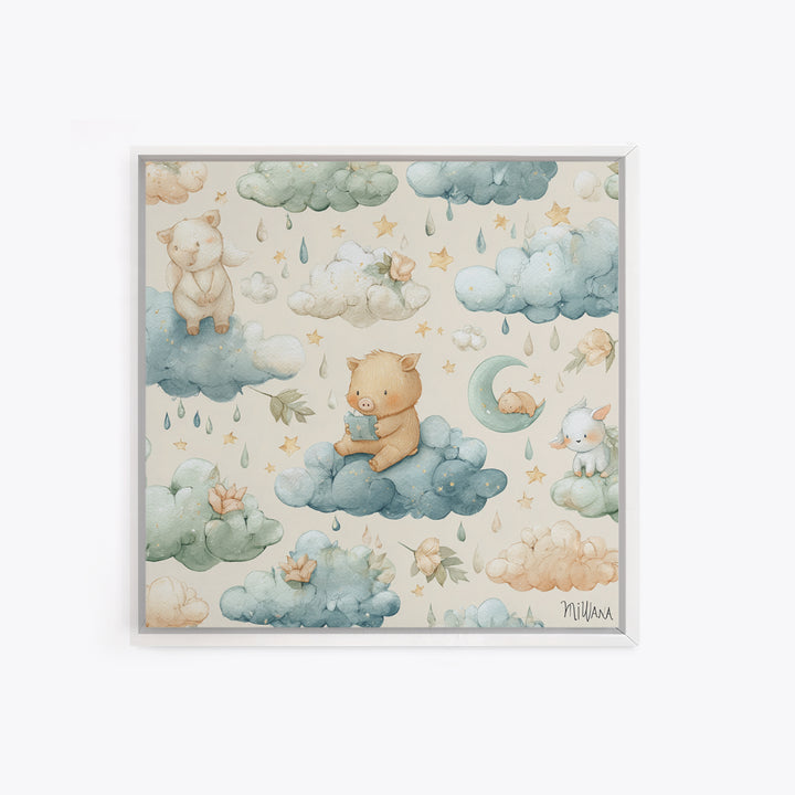 Clouds and Raindrops Framed Canvas Print, Nursery Art, Playroom Wall Art, Nursery Decor, Fine Art, Nursery, Statement Artwork, NUR-1x1-46