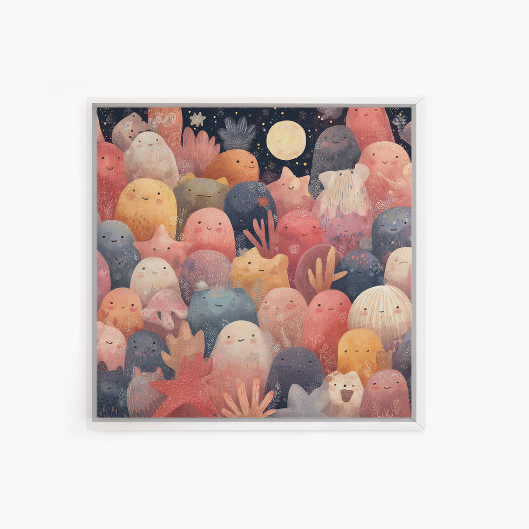Friendly Ocean Creatures Framed Canvas Print, Nursery Art, Art Print, Nursery Decor, Oil Painting, Nursery 048, Wall Art Set of, NUR-1x1-48