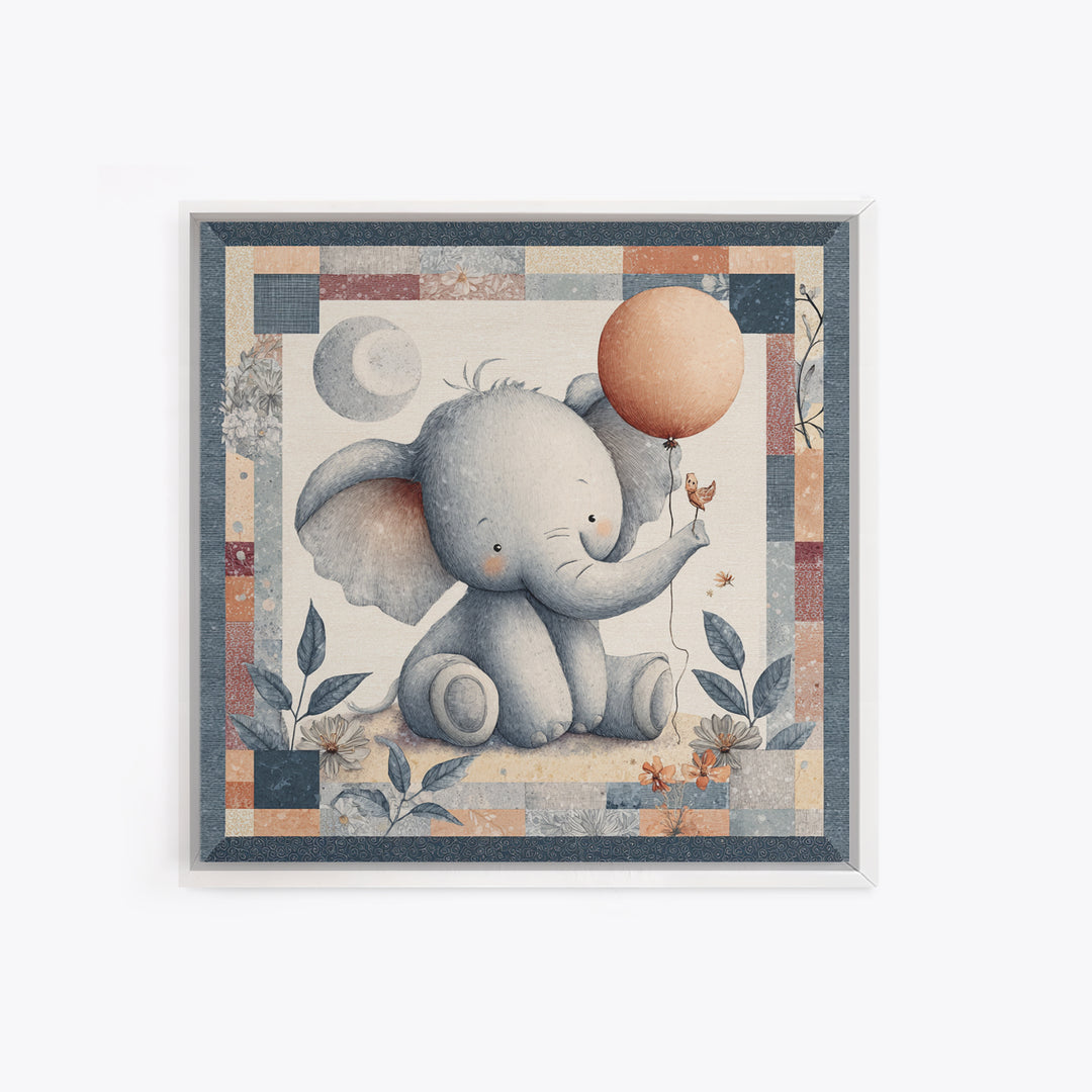 Sleepy Baby Elephant Holding a Tiny Balloon Canvas Print, Nursery Art, Neutral Decor, Nursery Decor, Fine Art, Nursery, NUR-1x1-49