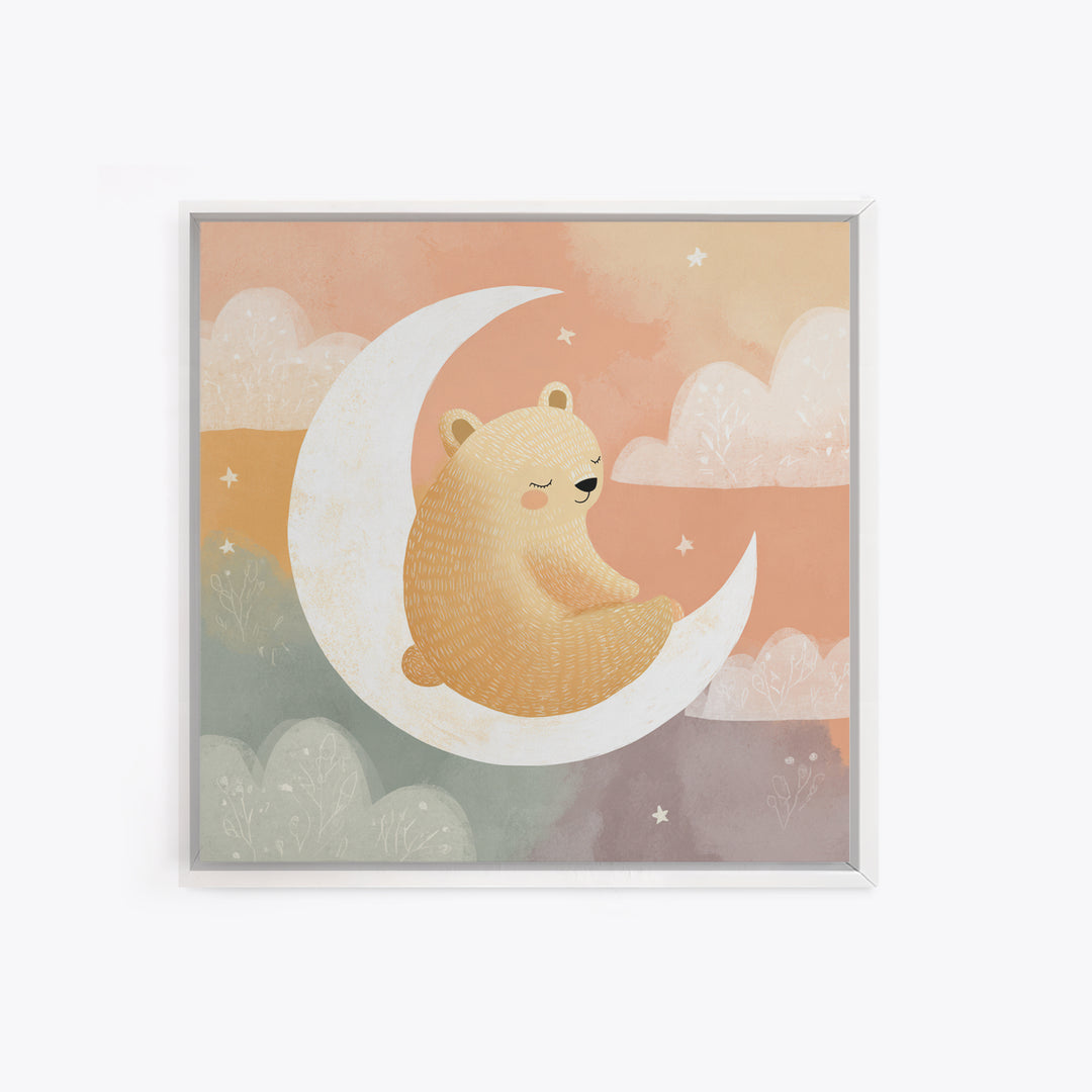 Baby Bear Floating on a Crescent Moon Canvas Print, Nursery Art, Kids Wall Decor, Nursery Decor, Oil Painting, Nursery, NUR-1x1-54