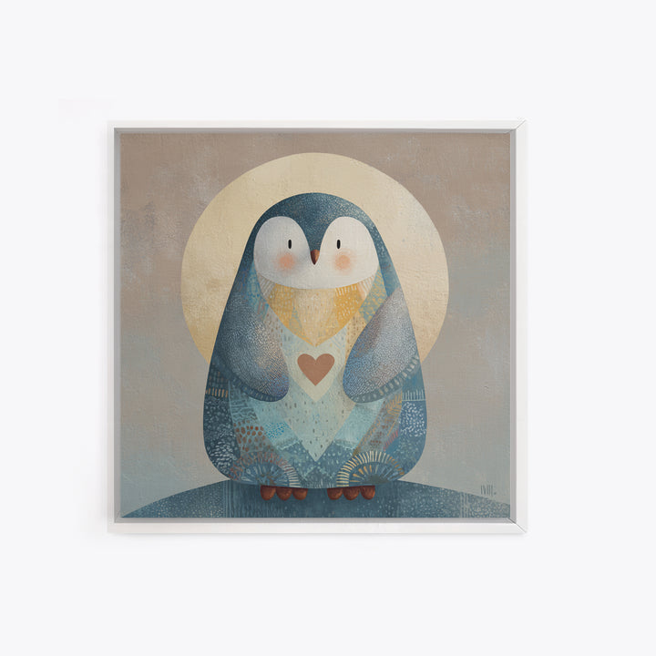 Penguin Holding a Little Heart Shape Framed Canvas Print, Nursery Art, Kids Room Wall Art, Nursery Decor, Abstract Art, Nursery, NUR-1x1-58