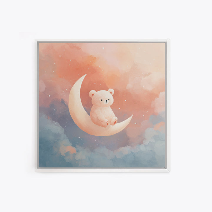 Baby Bear Floating on a Crescent Moon Framed Canvas Print, Nursery Art, Woodland Nursery, Nursery Decor, Watercolor Art, NUR-1x1-6