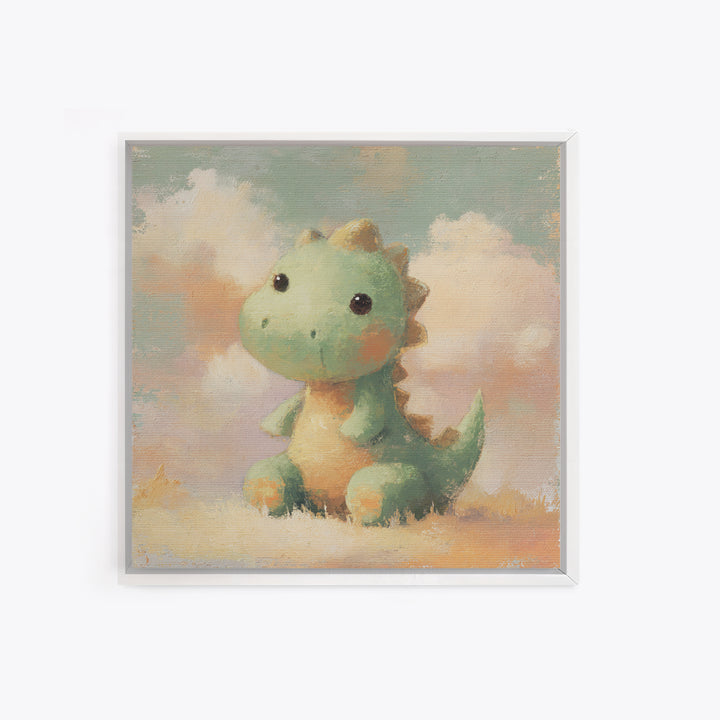 Tiny Dinosaur with Friendly Expression Framed Canvas Print, Nursery Art, Whimsical Wall Art, Nursery Decor, Fine Art, Nursery, NUR-1x1-63