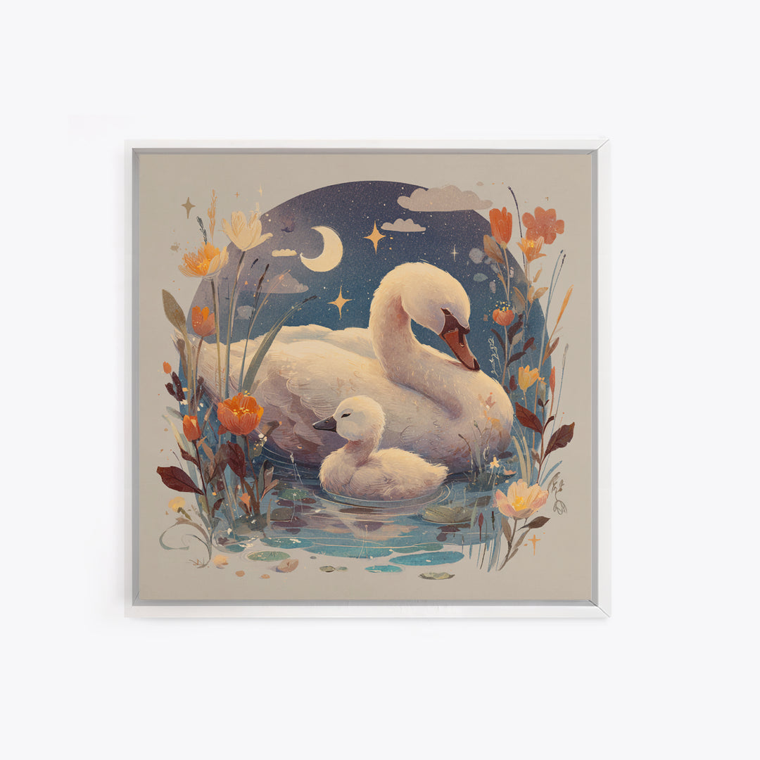 Swan and Cygnet Framed Canvas Print, Nursery Art, Digital Download Art, Nursery Decor, Fine Art, Nursery, Whimsical Wall Art, NUR-1x1-64