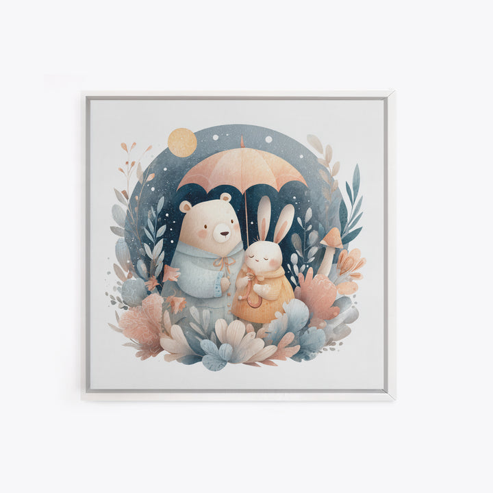 Bear and Rabbit Sharing Umbrella Framed Canvas Print, Nursery Art, Home Decor, Nursery Decor, Fine Art, Nursery, NUR-1x1-65