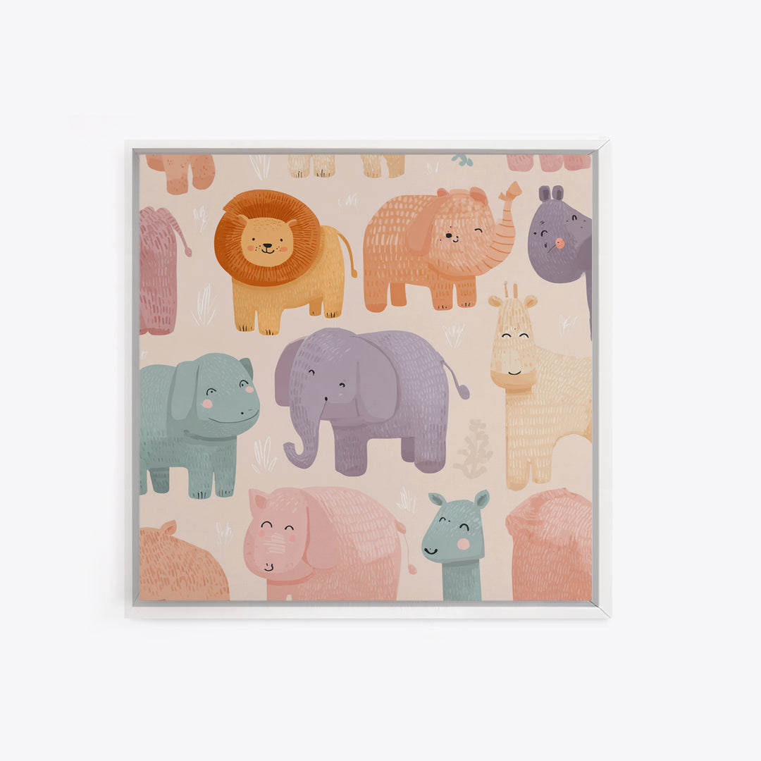 Pastel Jungle Animals Framed Canvas Print, Nursery Art, Baby Girl Nursery, Nursery Decor, Abstract Art, Nursery, Fine Art Print, NUR-1x1-66