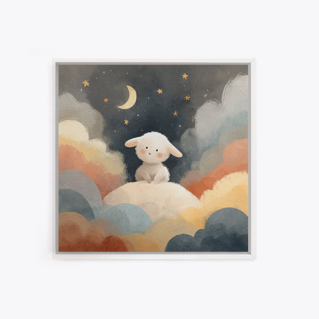 Little Lamb under a Starry Sky Framed Canvas Print, Nursery Art, Home Decor, Nursery Decor, Fine Art, Nursery, Contemporary Art, NUR-1x1-67