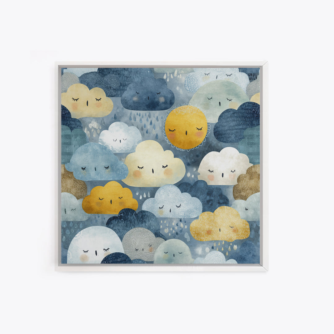 Clouds and Raindrops Framed Canvas Print, Nursery Art, Playroom Wall Art, Nursery Decor, Fine Art, Nursery, Statement Artwork, NUR-1x1-70