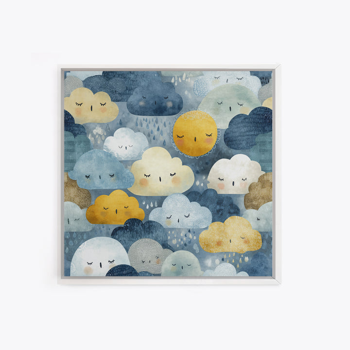 Clouds and Raindrops Framed Canvas Print, Nursery Art, Playroom Wall Art, Nursery Decor, Fine Art, Nursery, Statement Artwork, NUR-1x1-70
