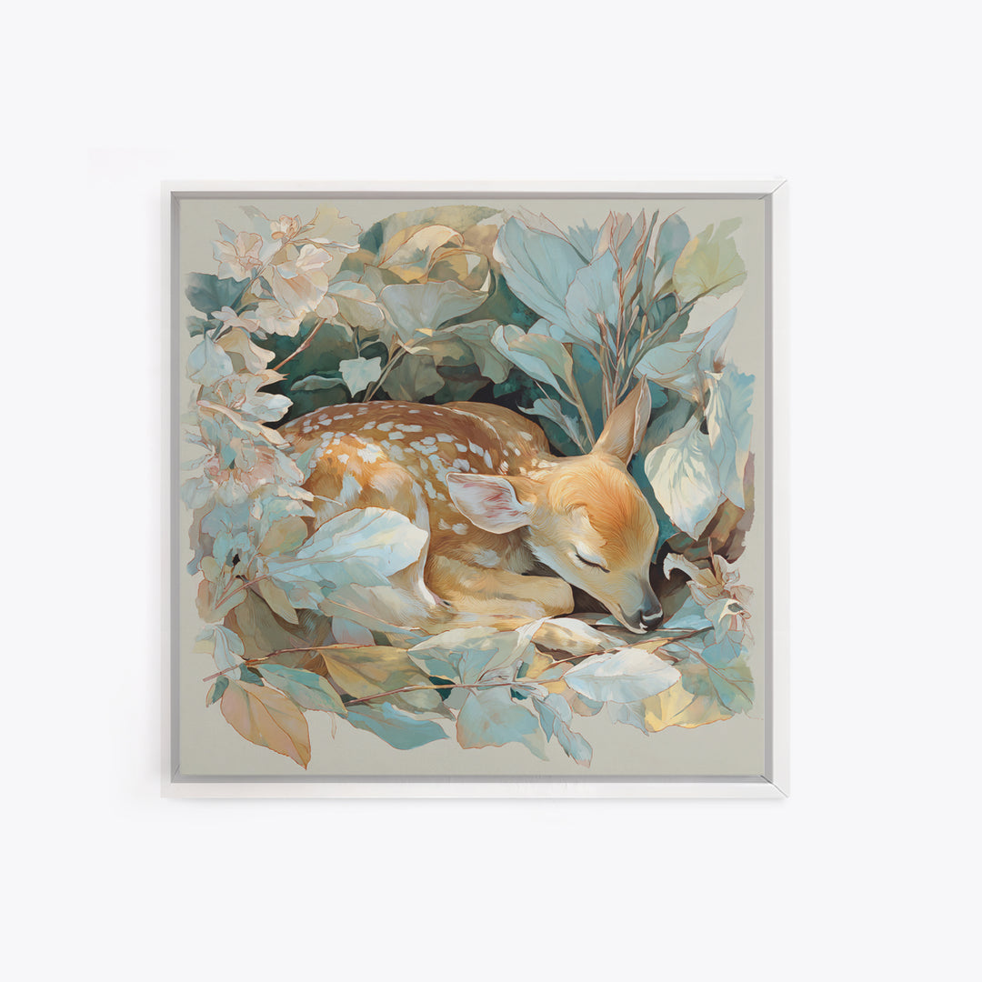 Deer Fawn Sleeping Framed Canvas Print, Nursery Art, Kids Room Wall Art, Nursery Decor, Fine Art, Nursery, Luxury Decor, NUR-1x1-71