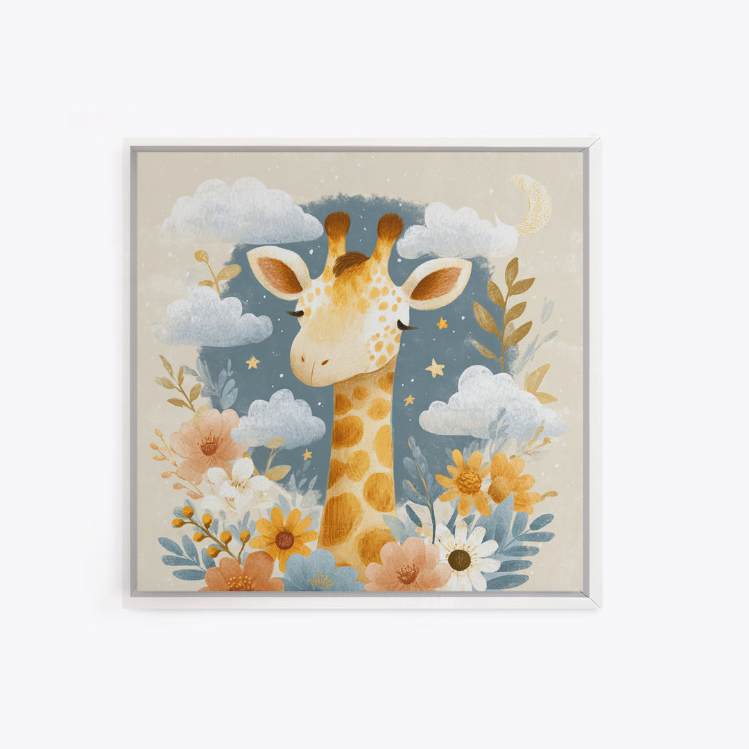 Gentle Giraffe with Pastel Flowers Framed Canvas Print, Nursery Art, Whimsical Wall Art, Nursery Decor, Watercolor Art, Nursery, NUR-1x1-74