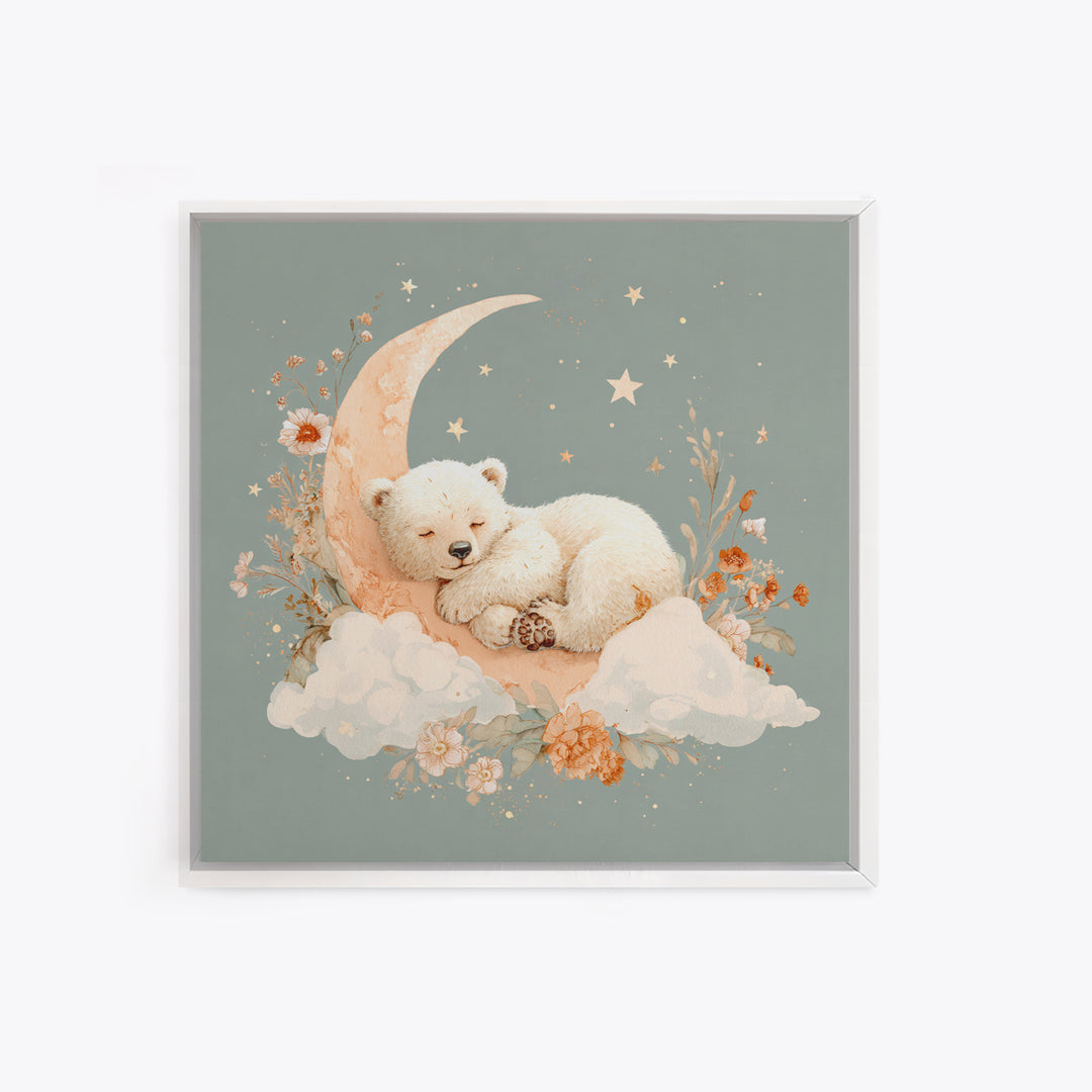Baby Bear Floating on a Crescent Moon Framed Canvas Print, Nursery Art, Home Decor, Nursery Decor, Fine Art, Nursery, NUR-1x1-78
