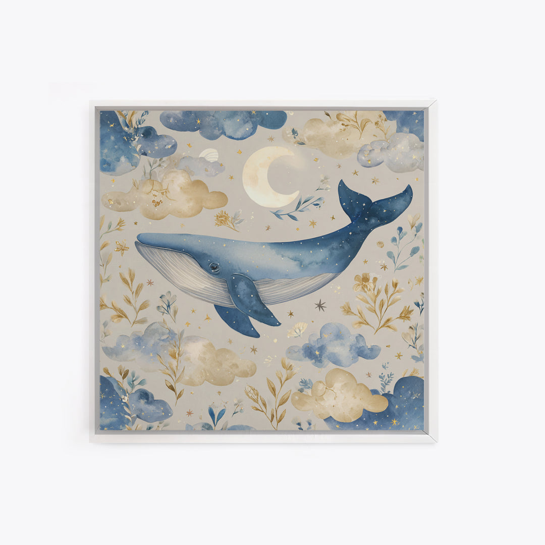 Whale and Tiny Stars Framed Canvas Print, Nursery Art, Printable Art, Nursery Decor, Fine Art, Nursery, Watercolor Print, NUR-1x1-8